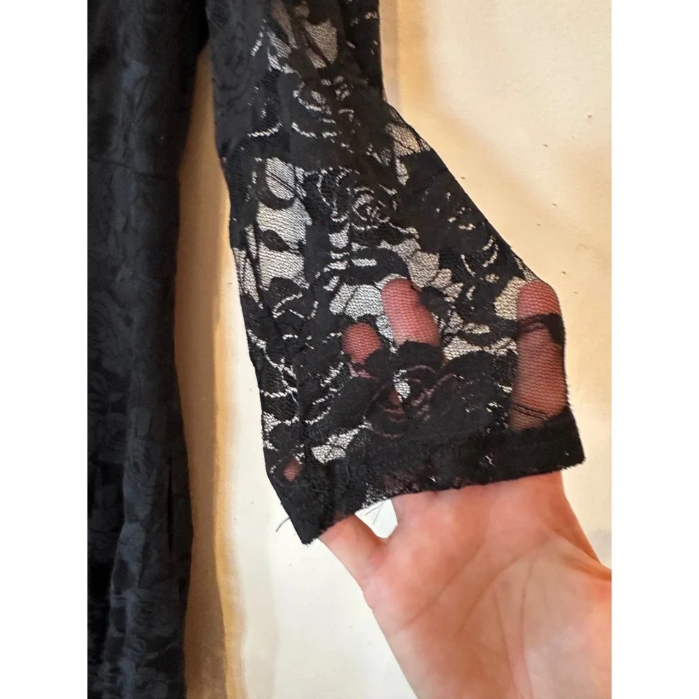 Y2K Black Floral Lace Fit and Flare Dress Whimsigoth Grunge Punk 3/4 Sleeve Sm